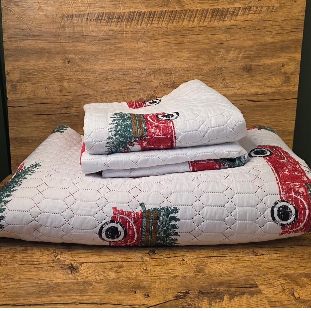 Modern Southern Home Christmas Red truck Tree Quilted Comforter 2 shams